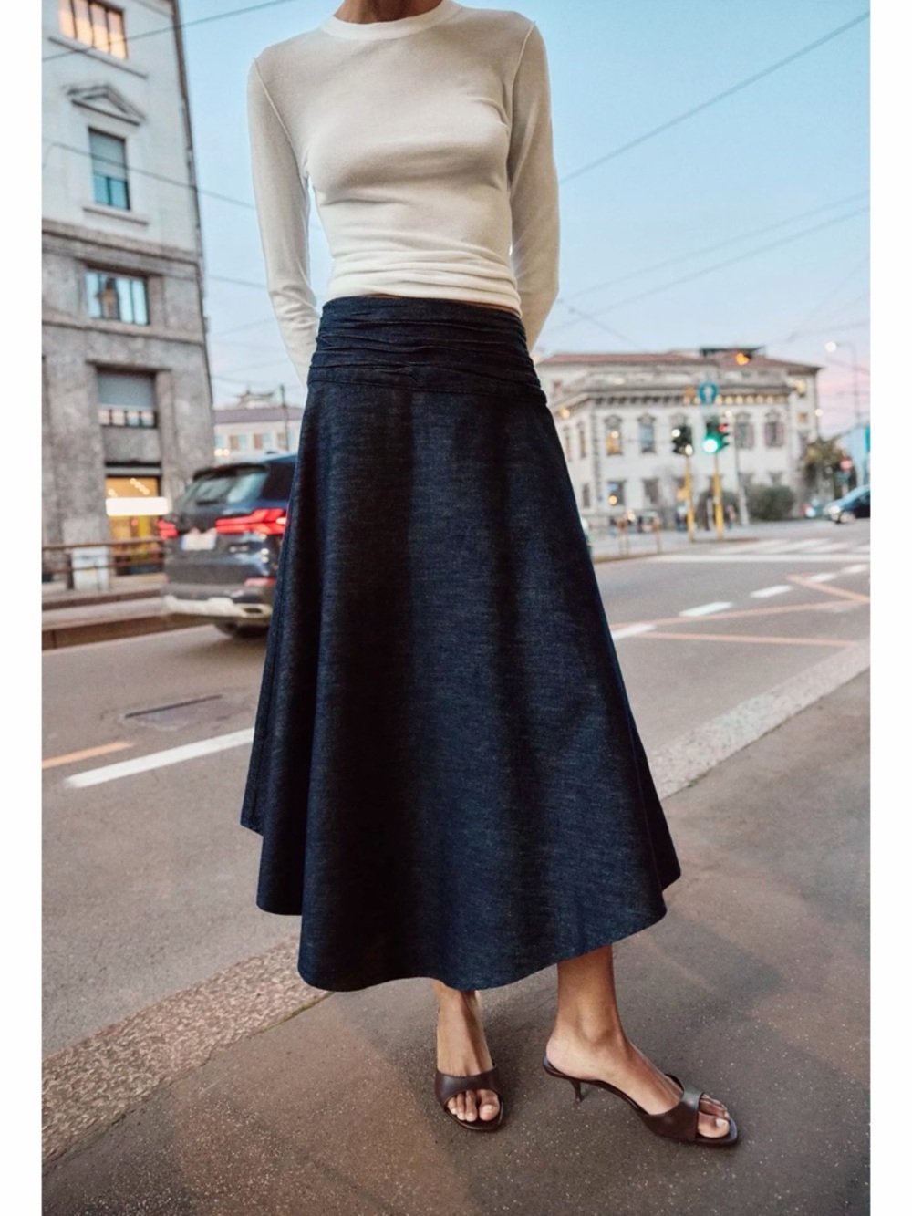 Zara Denim A-Line Asymmetric Midid Skirt